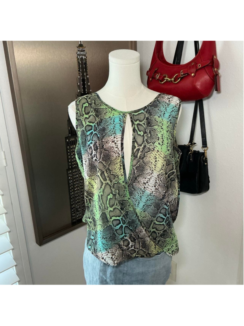 Venus Y2K Green Blue Snakeskin Print Keyhole Draped Top Size Medium